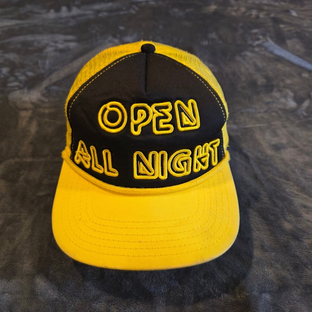 Open All Night Trucker Hat Yellow Black Mesh Snapback Cap RN 115665